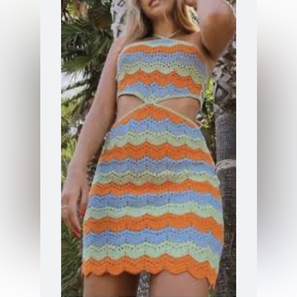 Zara Multicolor Crochet Mini Dress in Orange, Blue & Mint